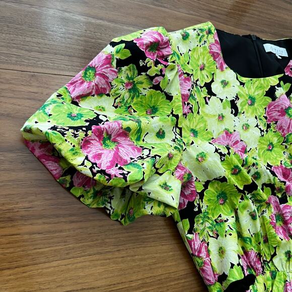 WAYF Dress Size XL Floral Short Sleeve Side Cutout Maxi Lime Fuschia - Picture 5 of 13